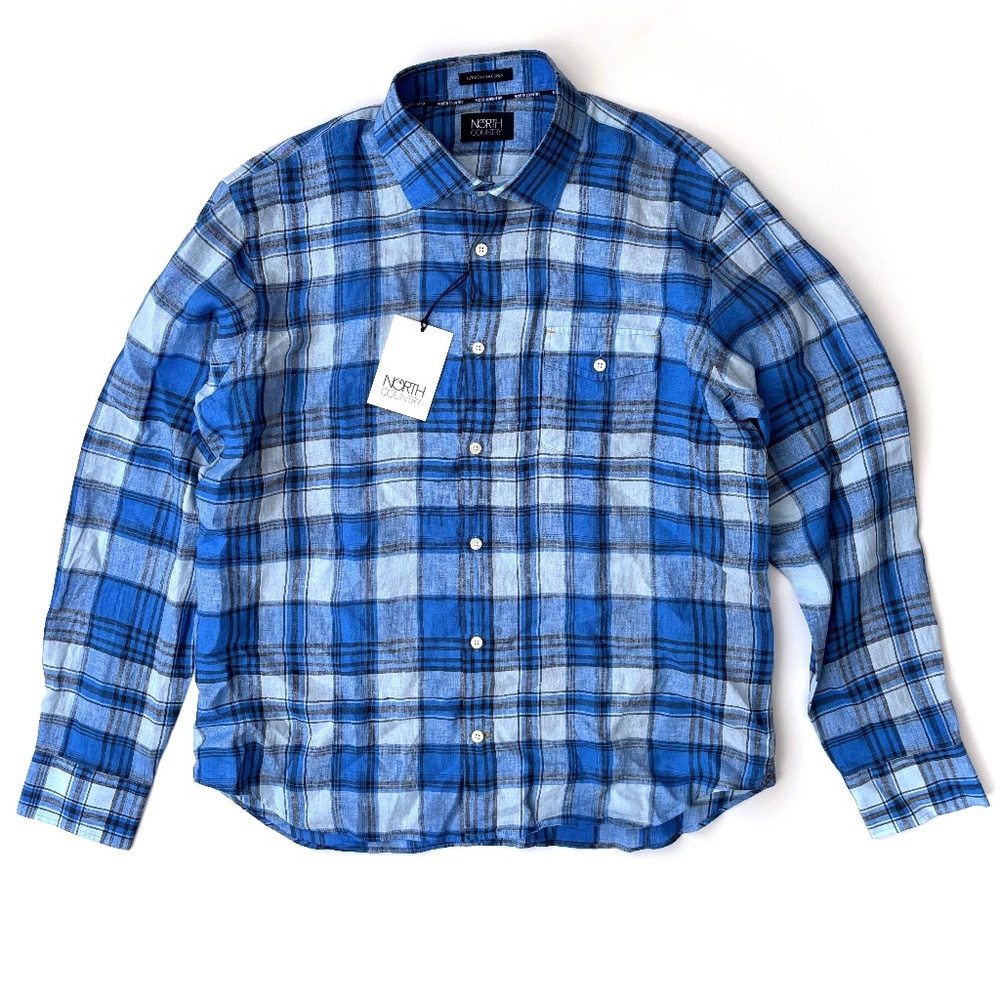 North Country Nwt Blue Check European Flax Linen Long Sleeve Shirt